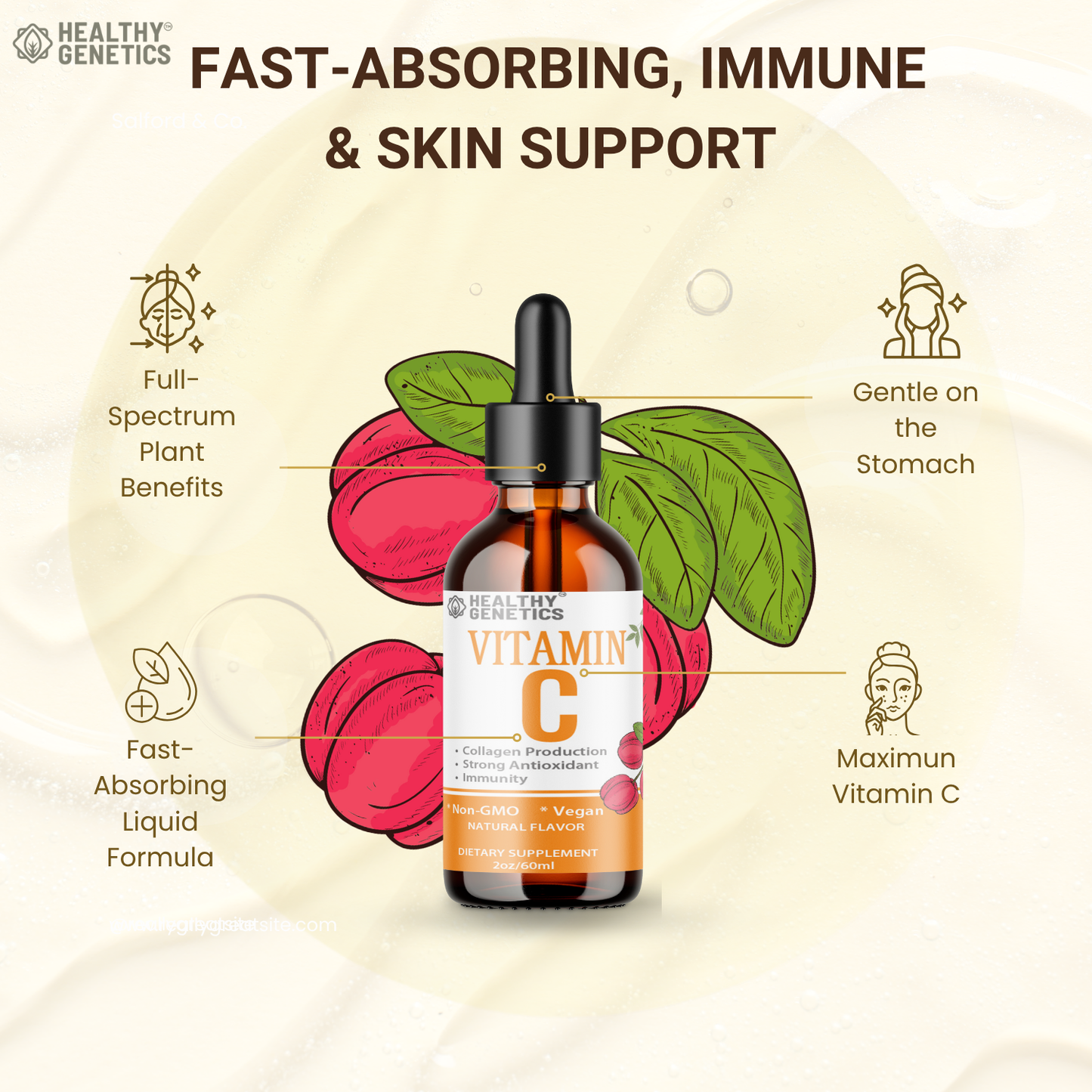 Vitamin C Supplement | Liquid Vitamin C Liquid Drops for Adults & Kids | Acerola Cherry | Immune Support Supplement | Antioxidant | Skin | Vegan | Non-GMO | Gluten Free | 2 Fl