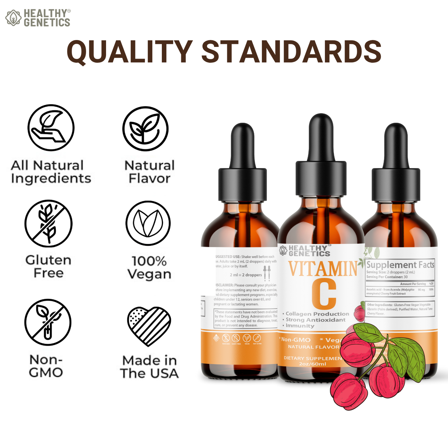 Vitamin C Supplement | Liquid Vitamin C Liquid Drops for Adults & Kids | Acerola Cherry | Immune Support Supplement | Antioxidant | Skin | Vegan | Non-GMO | Gluten Free | 2 Fl