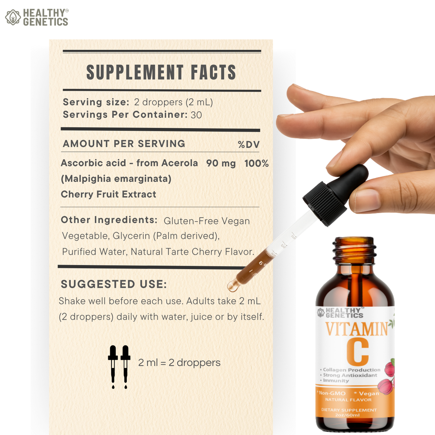 Vitamin C Supplement | Liquid Vitamin C Liquid Drops for Adults & Kids | Acerola Cherry | Immune Support Supplement | Antioxidant | Skin | Vegan | Non-GMO | Gluten Free | 2 Fl