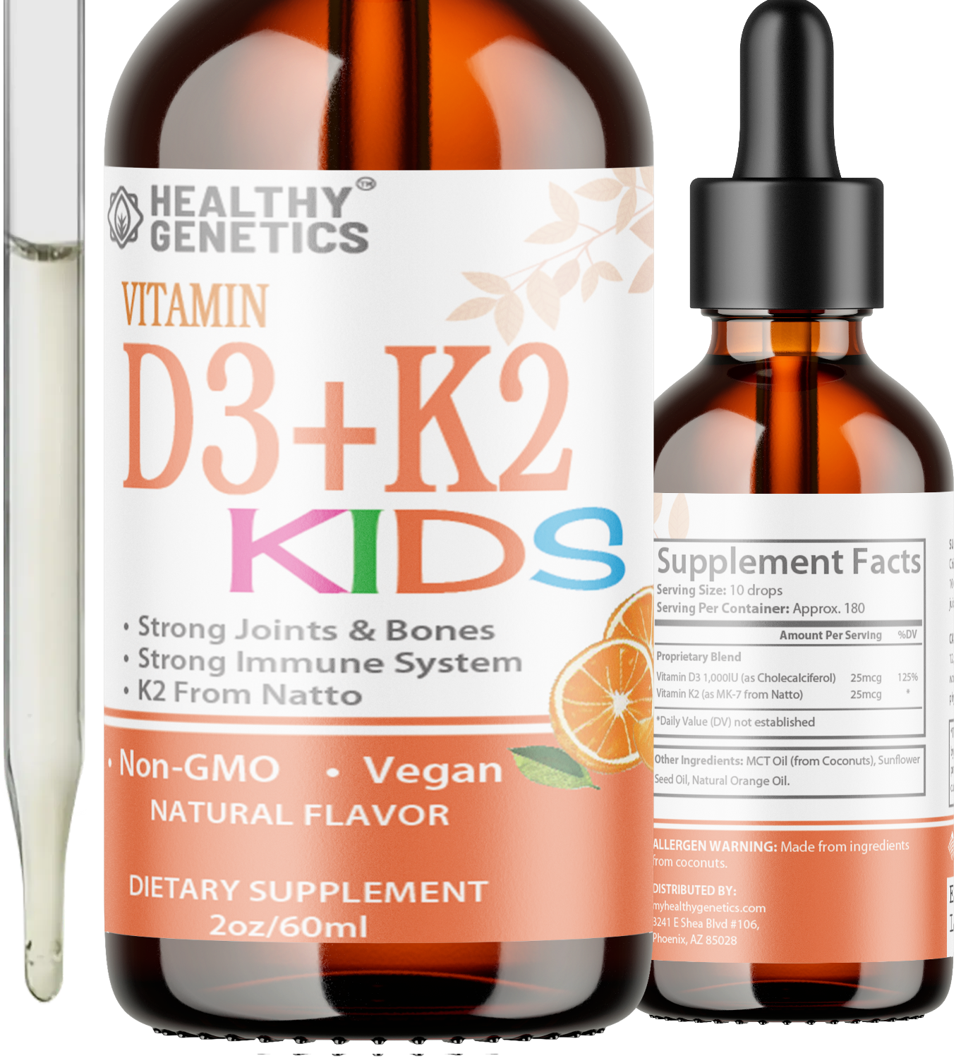 Liquid Vitamin D3 + K2 Drops for Children | Joints & Bones | Immunity System | K2 from Natto