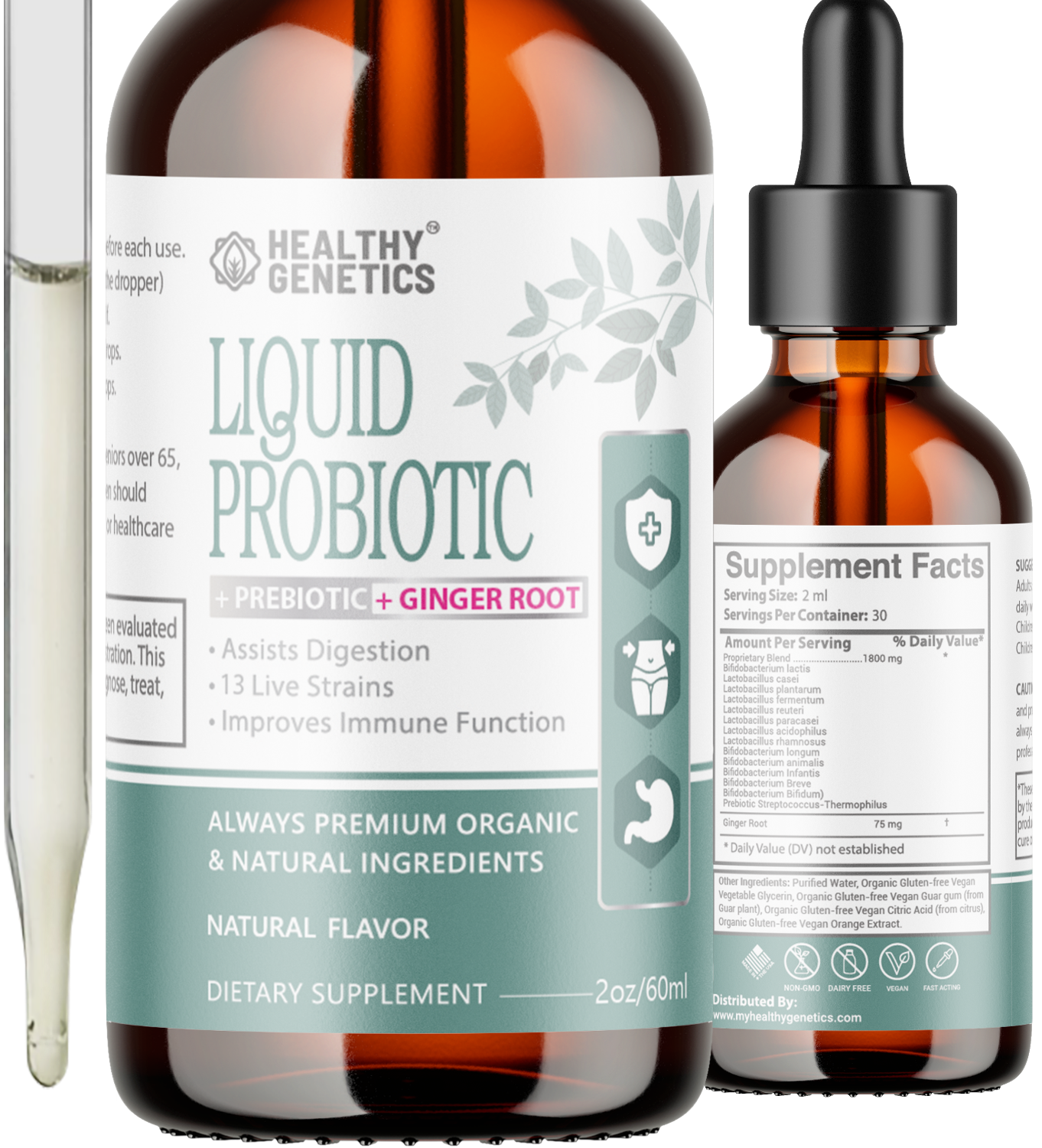 Load image into Gallery viewer, Organic Liquid Probiotics - All-Natural and Plant-Based Formulation, 12 Live Strains - Assist in Digestion, Immunity Defense Booster - Ideal for Men, Women, Toddlers and Kids - 2Oz/60ml
