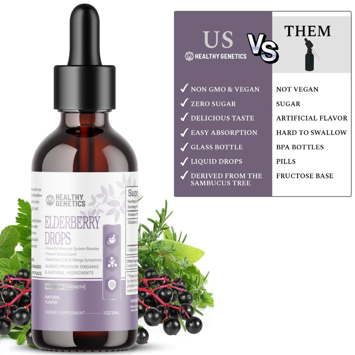 Elderberry Liquid Drops - Natural Immune System Booster Supplement for Kids & Adults - 200mg Pure Sambucus Nigra Extract - Antioxidant-Rich, Zero-Sugar, Vegan-Friendly Syrup - 30ml