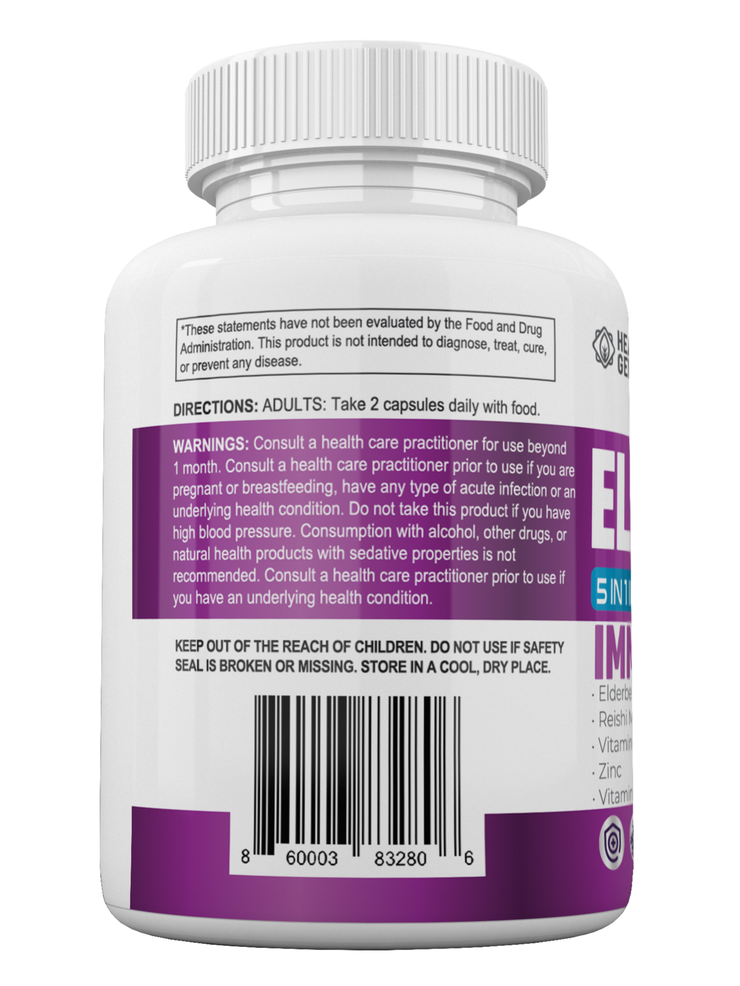 Elderberry 5-in-1 Immune Support Formula - Extra Strength Immunity Supplements - Reishi Extract, Vitamins C and D, Zinc Blend - Antioxidant, Energy Booster, Heart Health - 60 Capsules