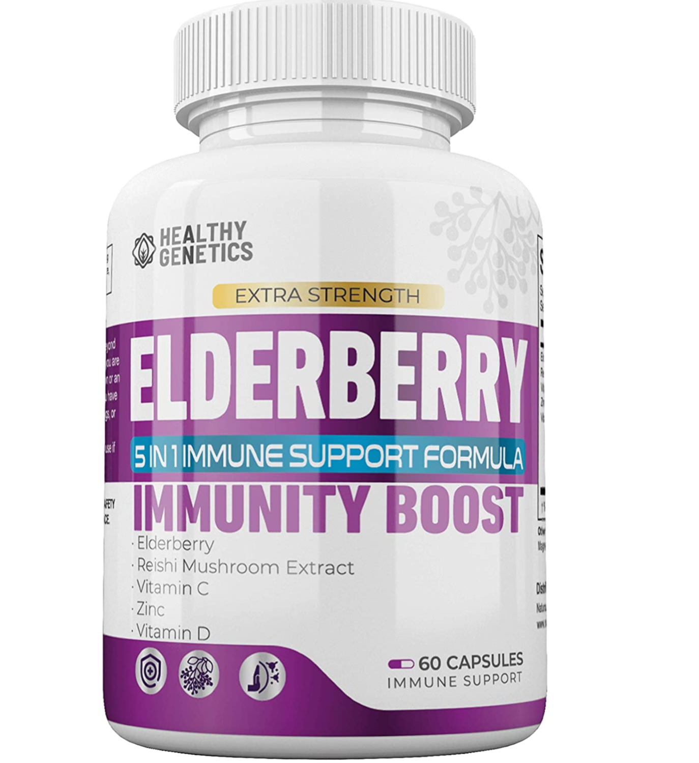 Elderberry 5-in-1 Immune Support Formula - Extra Strength Immunity Supplements - Reishi Extract, Vitamins C and D, Zinc Blend - Antioxidant, Energy Booster, Heart Health - 60 Capsules