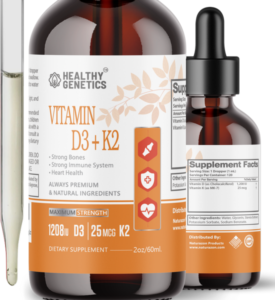 Vitamin D3 + K2 - Fast-Absorption Formula, Maximum Strength, Organic Liquid Drops Supplement - Supports Bone Strength, Immune, Heart Health - Helps Boost Energy & Nutrition - 2oz
